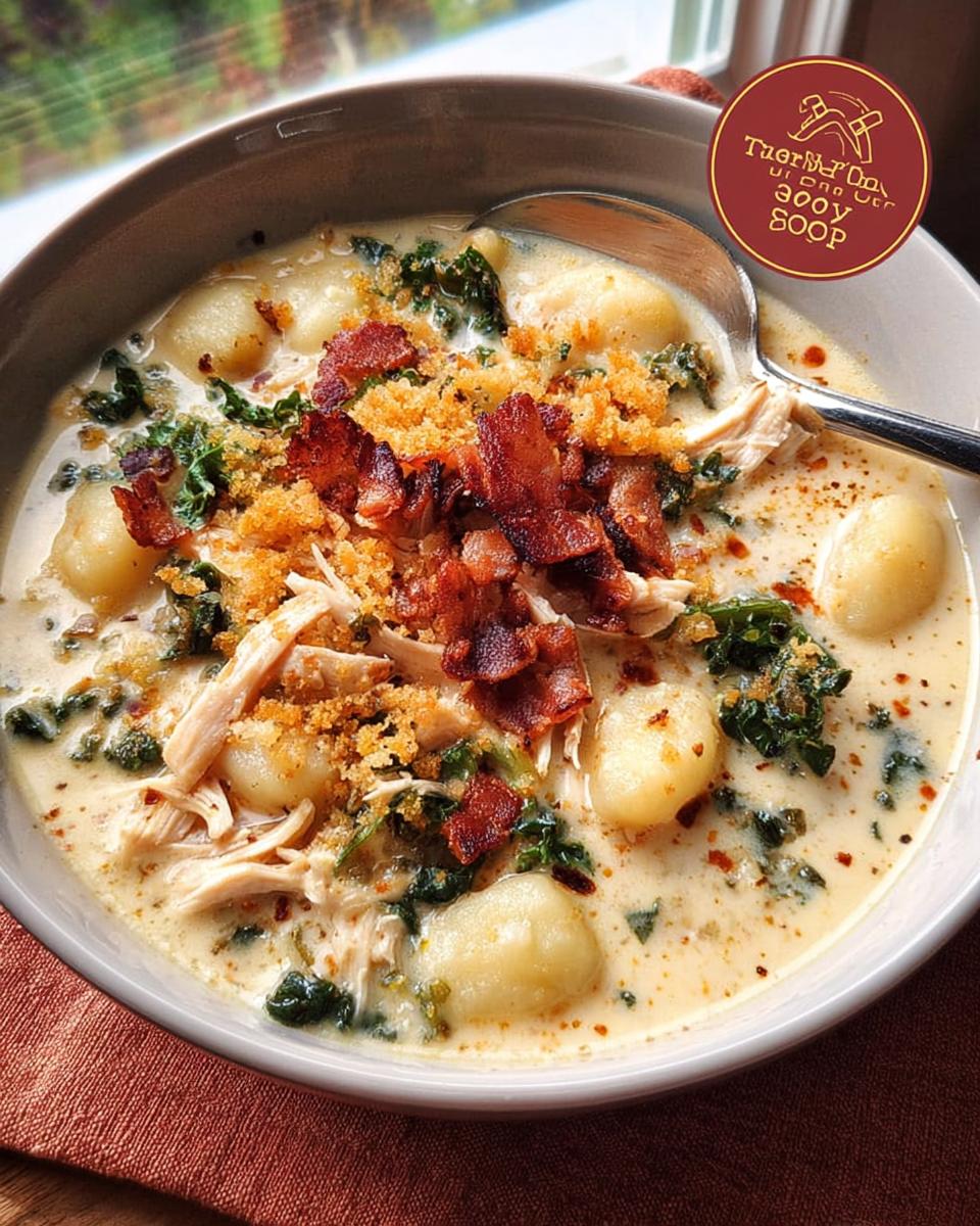 A close-up of a hearty bowl of creamy chicken gnocchi soup topped with crispy bacon and breadcrumbs.