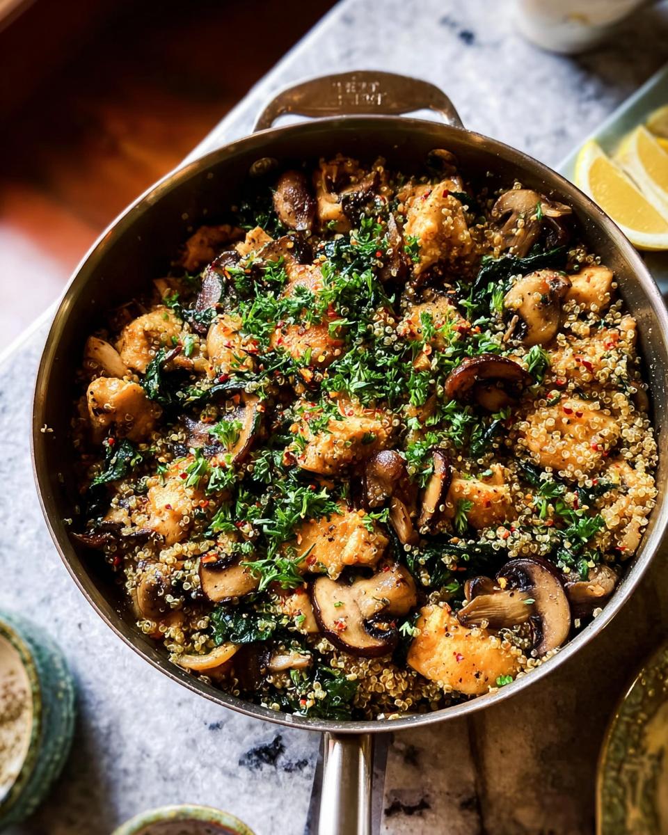 A skillet filled with a delicious chicken and mushroom quinoa dish, garnished with fresh parsley and red pepper flakes.