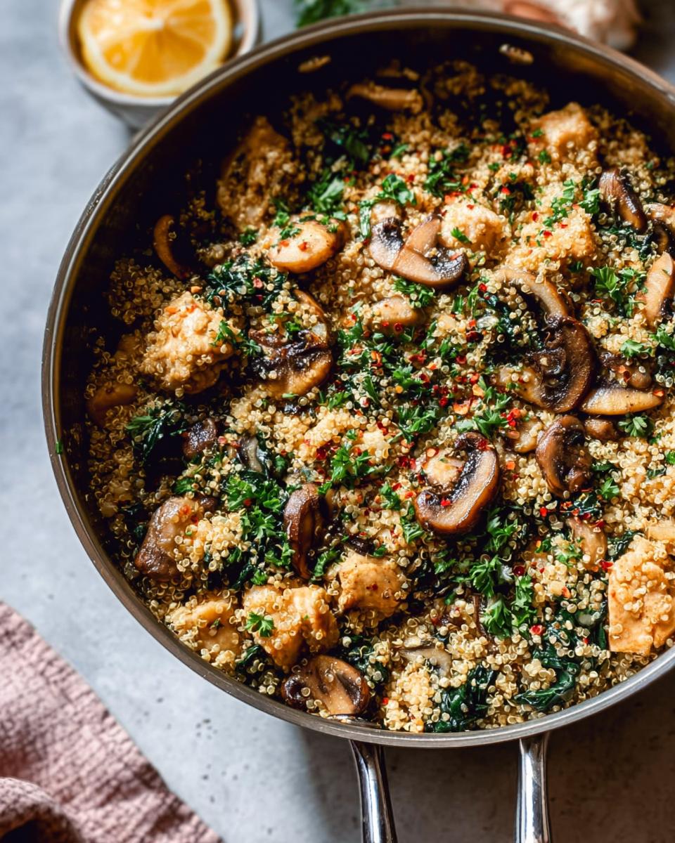 A close-up of a skillet filled with chicken, mushrooms, quinoa, and fresh parsley, part of The Ultimate Chicken Recipes Guide for Beginners.