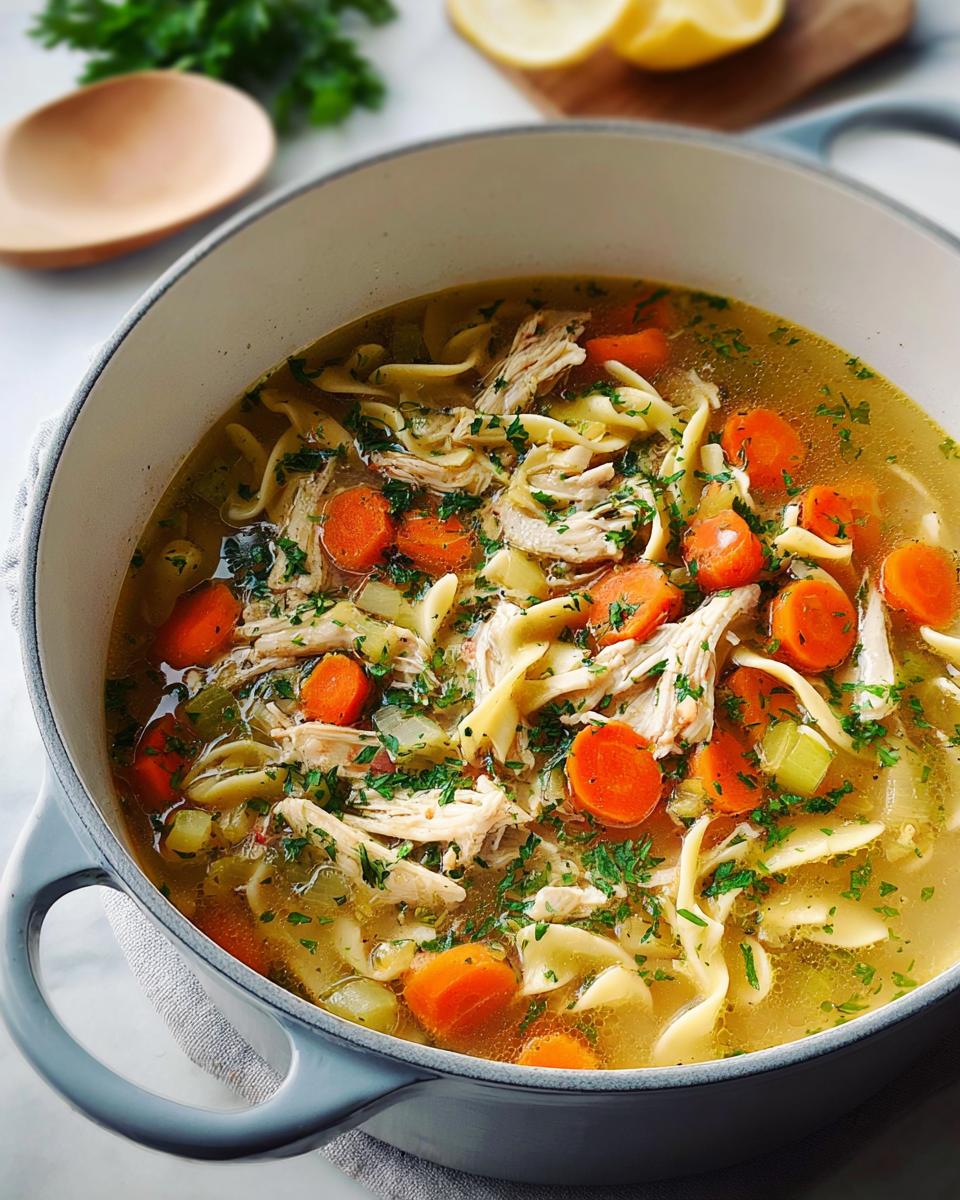 A close-up of a pot filled with homemade chicken noodle soup, featuring shredded chicken, egg noodles, carrots, and celery.