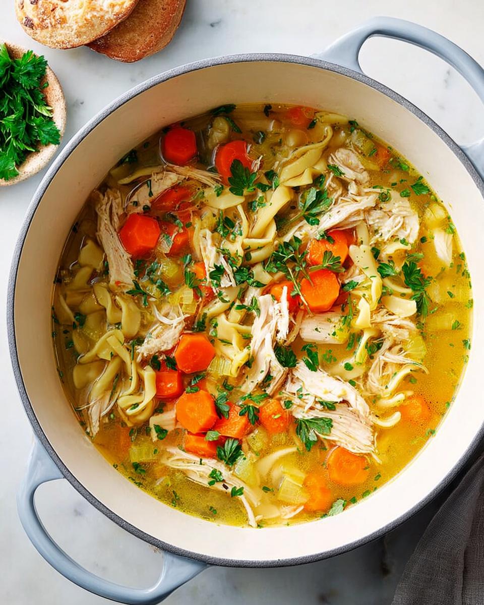 A large pot of homemade chicken noodle soup with shredded chicken, carrots, celery, and noodles, garnished with parsley.