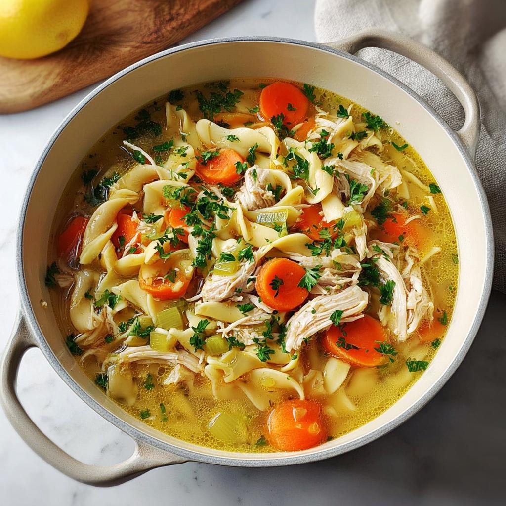A close-up overhead view of a pot filled with comforting chicken noodle soup, featuring wide egg noodles, shredded chicken, carrots, and celery, garnished with parsley.
