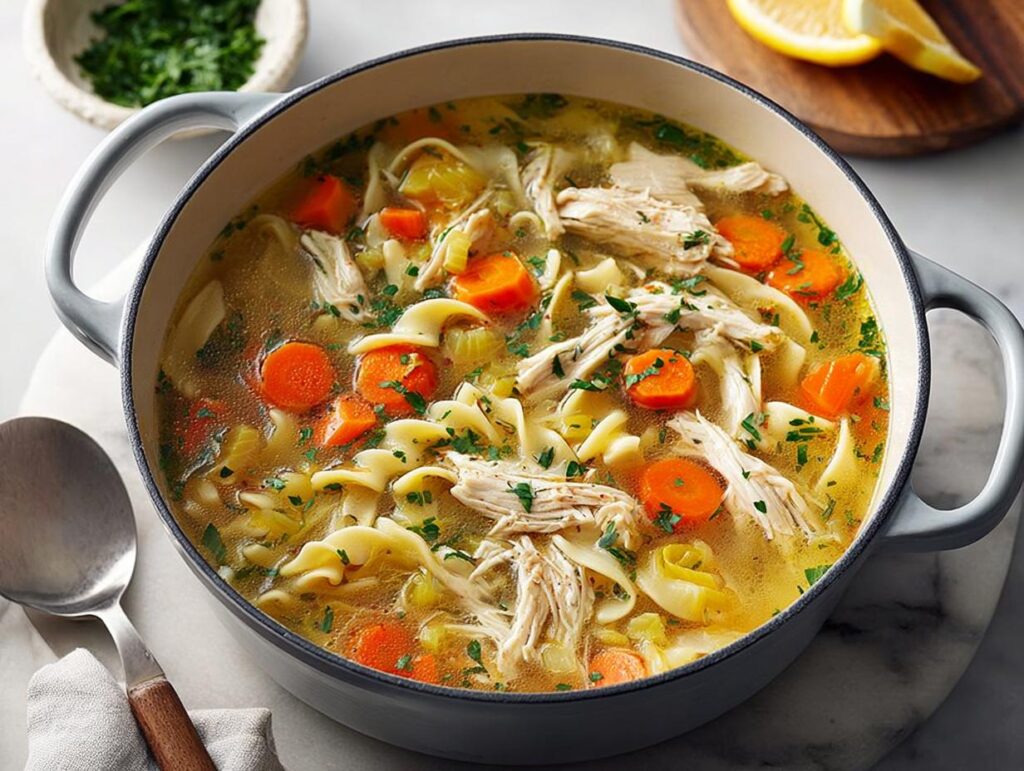 A steaming pot of homemade chicken noodle soup with shredded chicken, wide egg noodles, carrots, and celery.