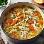 A steaming pot of homemade chicken noodle soup with shredded chicken, wide egg noodles, carrots, and celery.