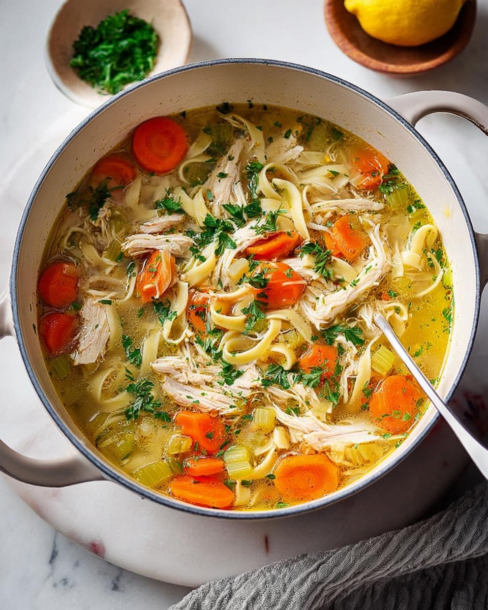 A large pot of homemade chicken noodle soup with shredded chicken, wide noodles, carrots, and celery, garnished with parsley.