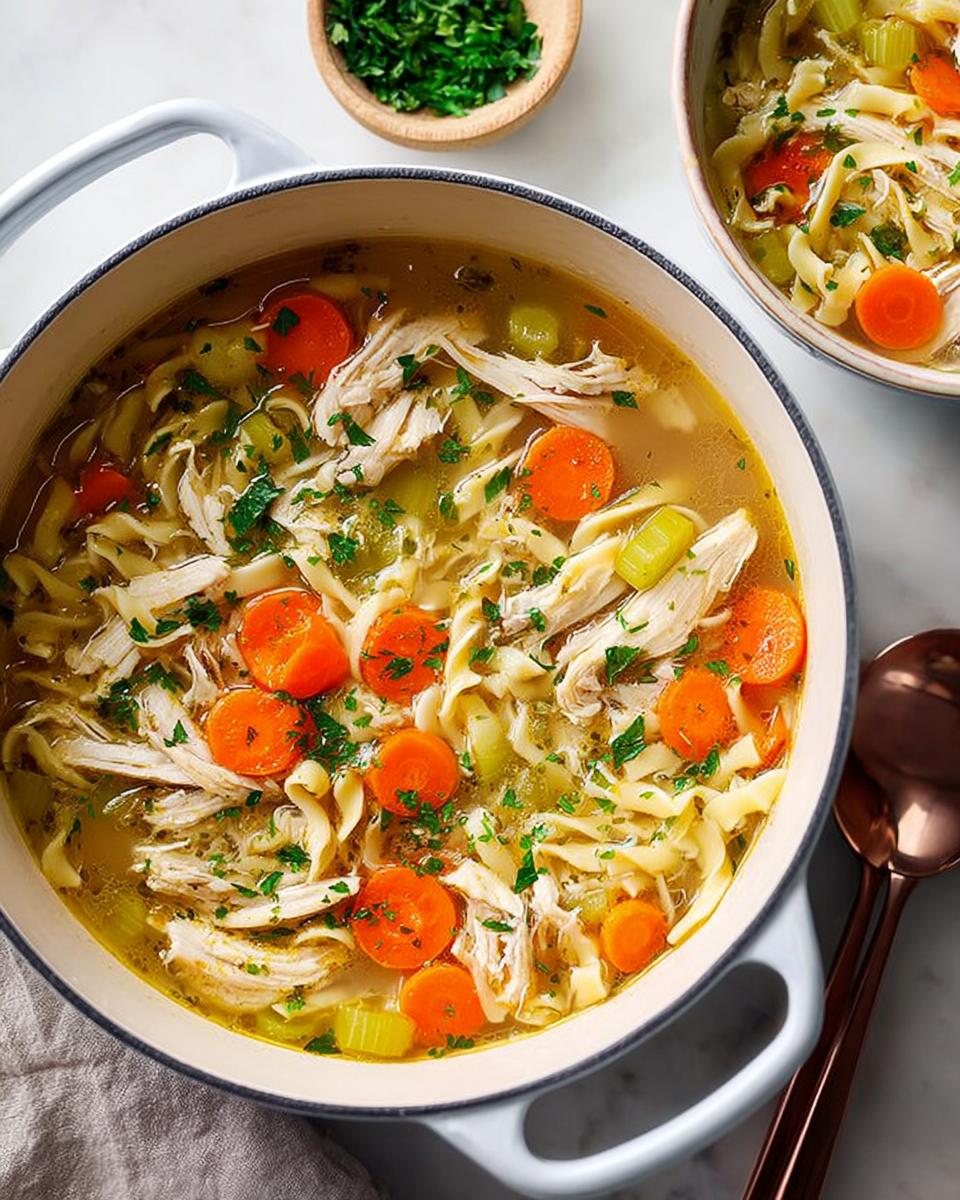 A close-up of a pot of delicious chicken noodle soup, featuring shredded chicken, wide noodles, carrots, and celery, garnished with parsley.