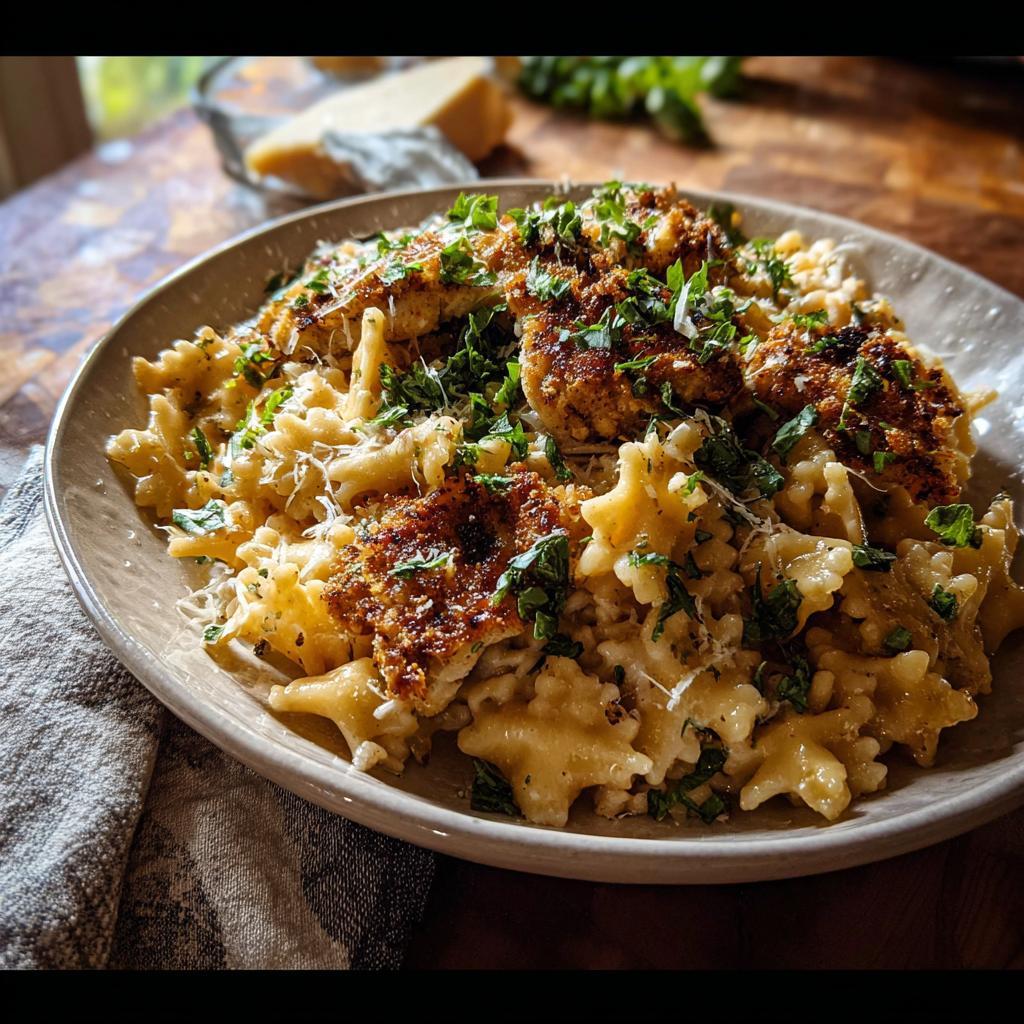A close-up of a pasta bowl filled with farfalle pasta, topped with crispy chicken parmesan and fresh parsley.