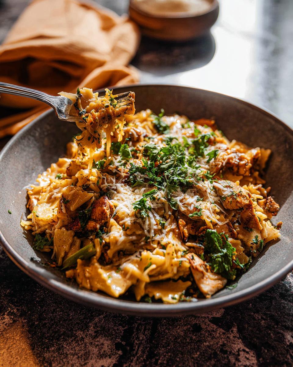 A fork lifting a portion of creamy chicken pasta from a bowl, garnished with fresh parsley and grated cheese.