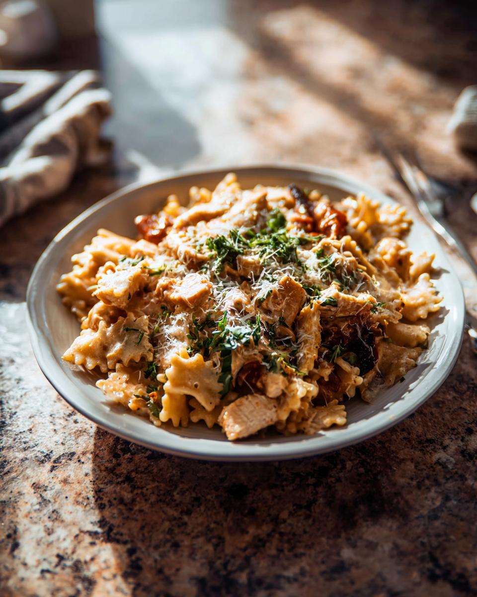 A close-up of a creamy chicken pasta bowl with farfalle pasta, sun-dried tomatoes, and fresh herbs.