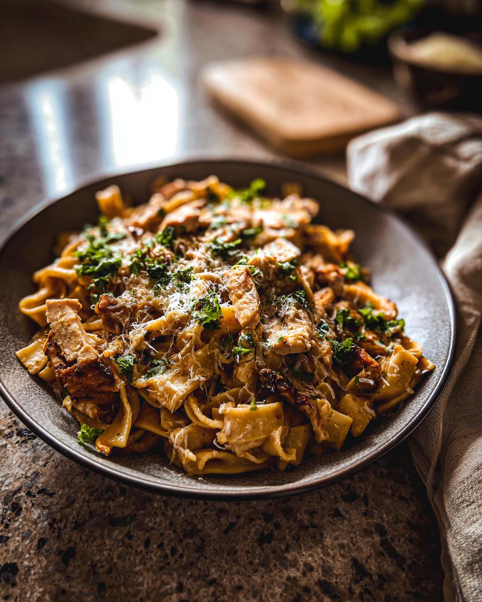A close-up of a delicious chicken pasta bowl, garnished with parsley and parmesan cheese.