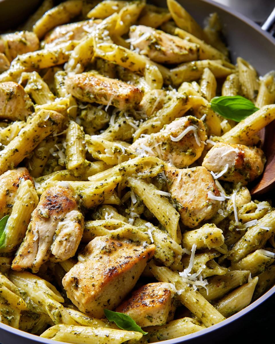 Close-up of chicken pieces and penne pasta coated in pesto sauce, a perfect chicken recipe.