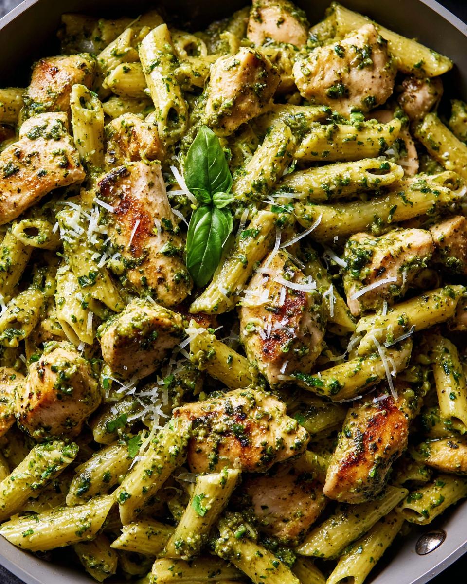 Close-up of penne pasta with grilled chicken pieces coated in vibrant green pesto sauce, garnished with basil and parmesan.