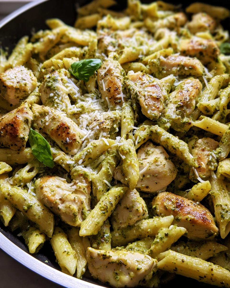 Close-up of penne pasta with grilled chicken pieces tossed in pesto sauce, a popular chicken recipe.