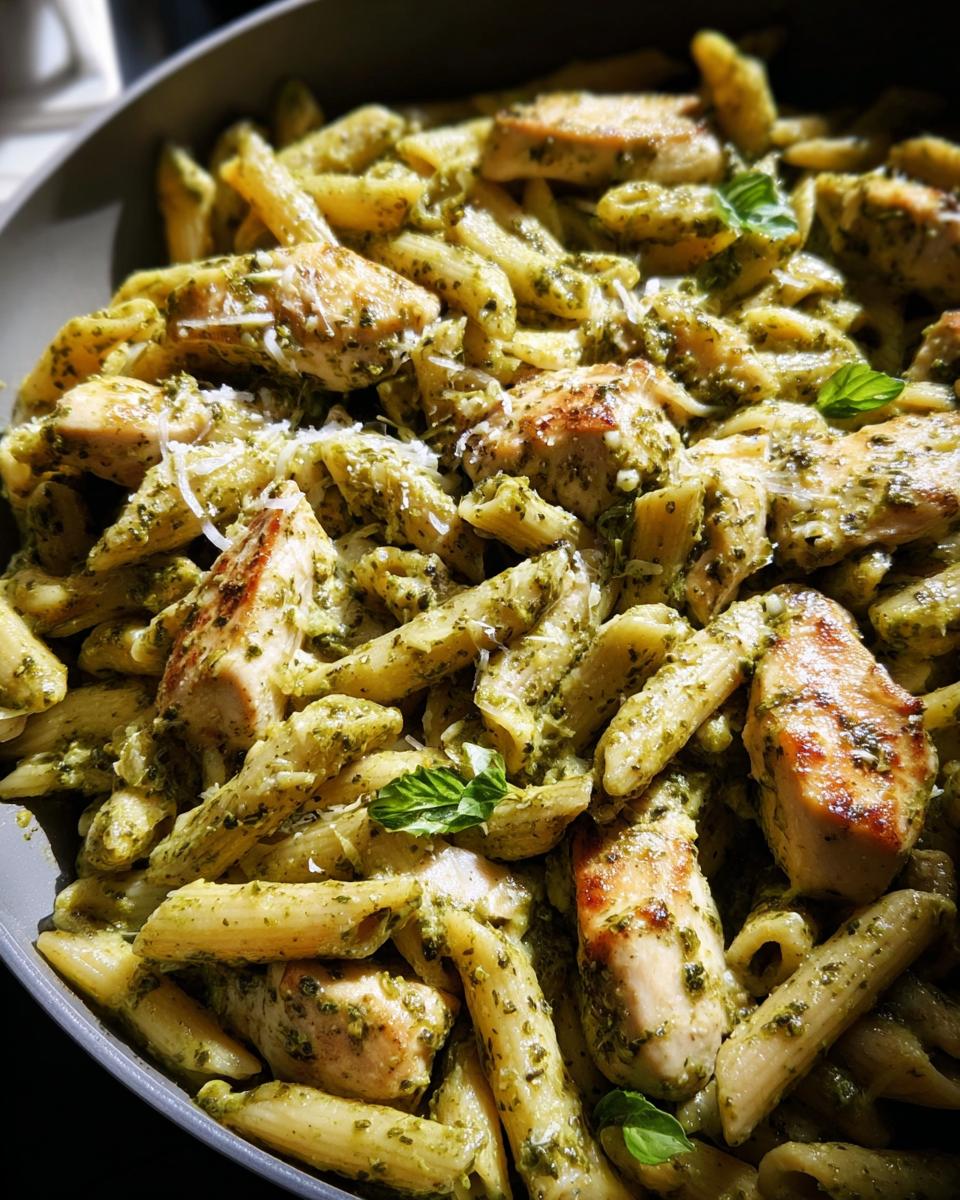 Close-up of penne pasta tossed with pesto sauce and pan-seared chicken pieces, a perfect chicken recipe.