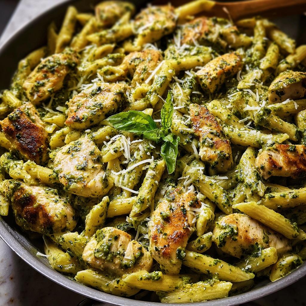 Close-up of a pan filled with penne pasta, tender chicken pieces, and vibrant pesto sauce, a popular chicken recipe.