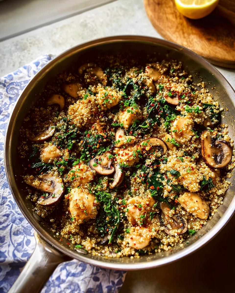 A delicious skillet meal featuring chicken, quinoa, mushrooms, and greens, perfect for beginners.
