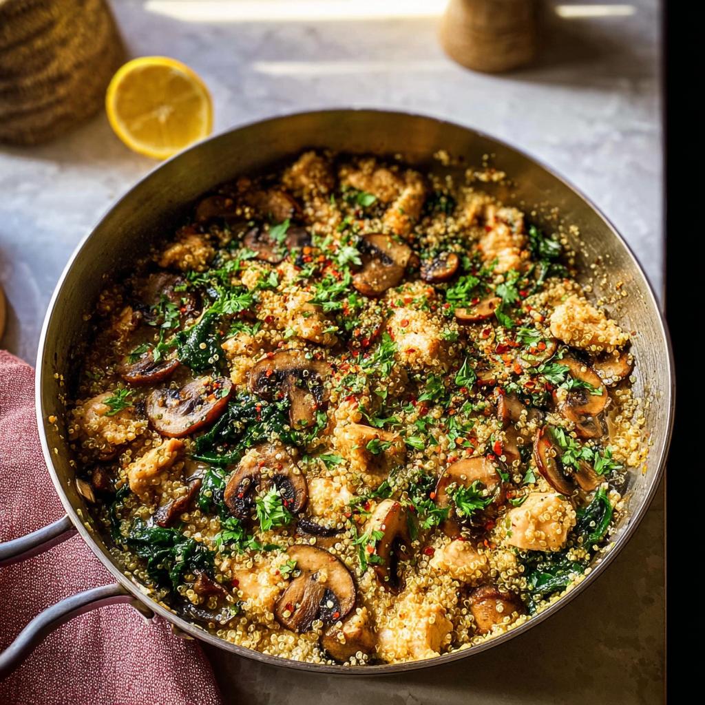 A delicious one-pan chicken, quinoa, and mushroom skillet, perfect for beginners.