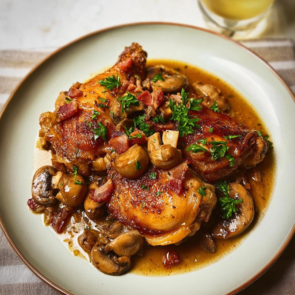 A close-up of a delectable chicken recipe dish featuring tender chicken pieces, sautéed mushrooms, and crispy bacon bits, garnished with fresh parsley.