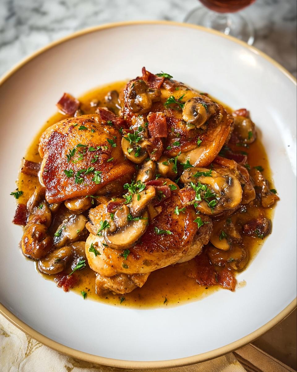 A plate of tender chicken thighs smothered in a rich mushroom and bacon sauce, garnished with fresh parsley.