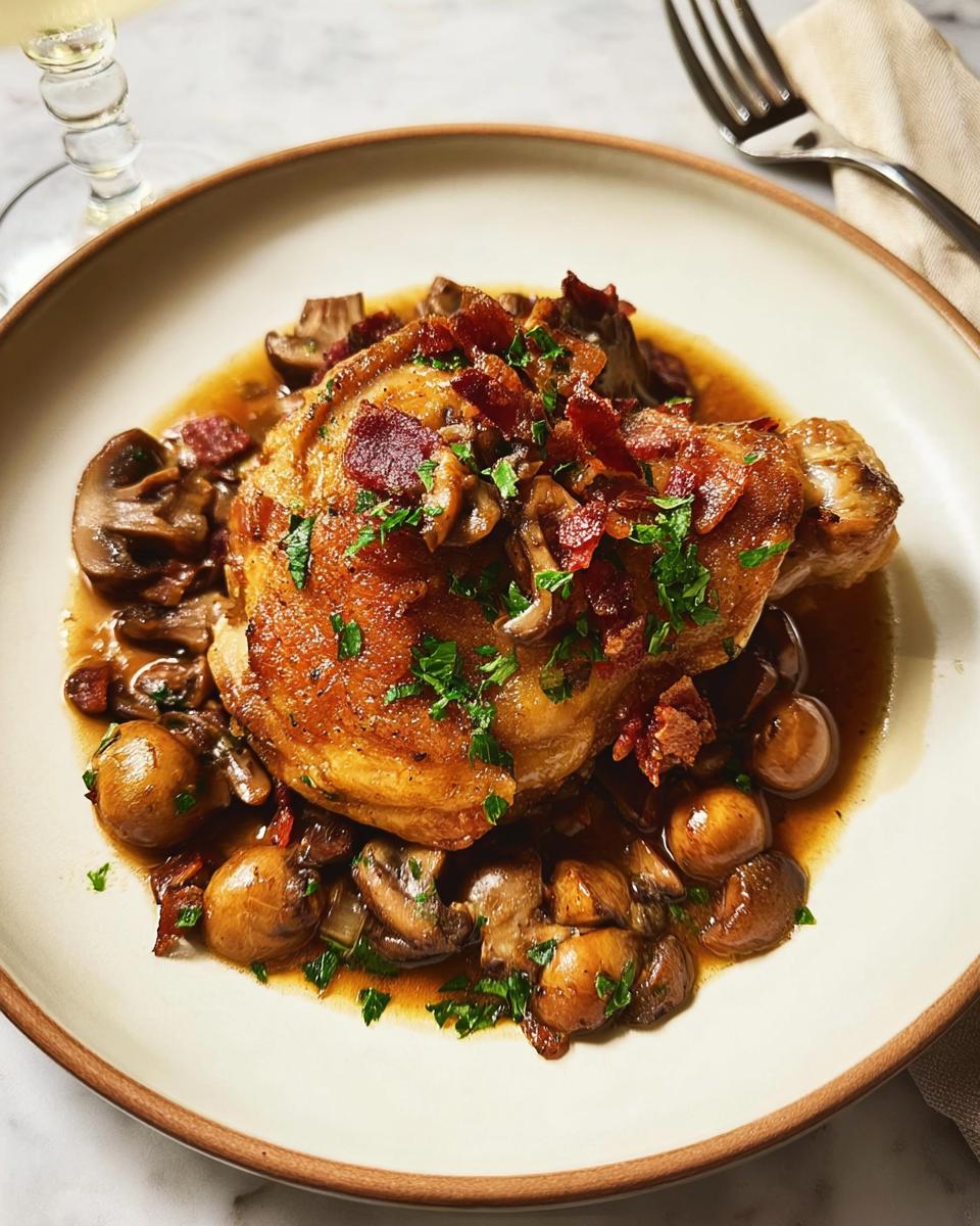 A close-up of a perfectly cooked chicken recipe served with sautéed mushrooms and crispy bacon bits, garnished with parsley.