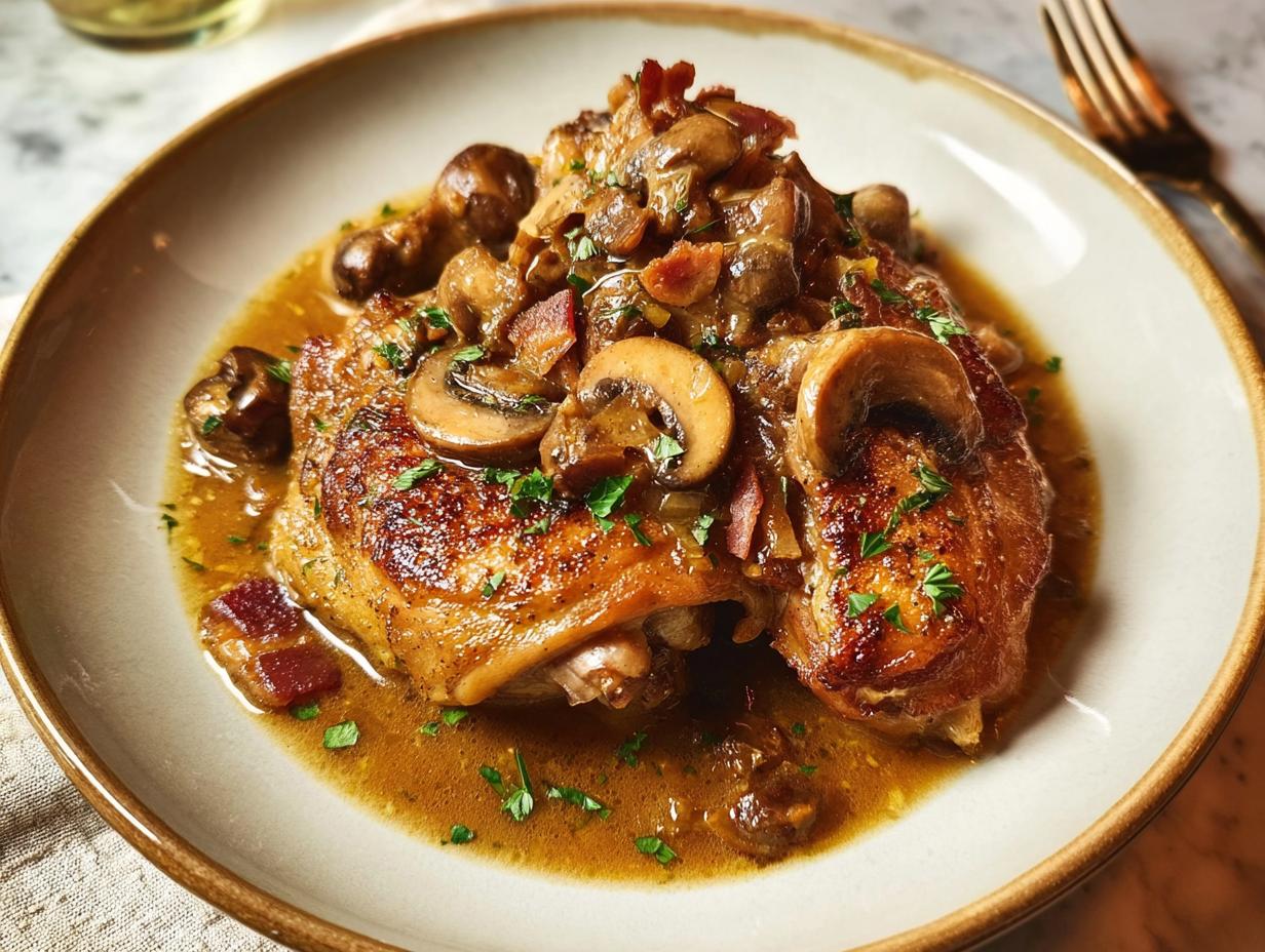 A close-up of a savory chicken recipe featuring tender chicken thighs, mushrooms, and crispy bacon bits in a rich sauce, garnished with parsley.