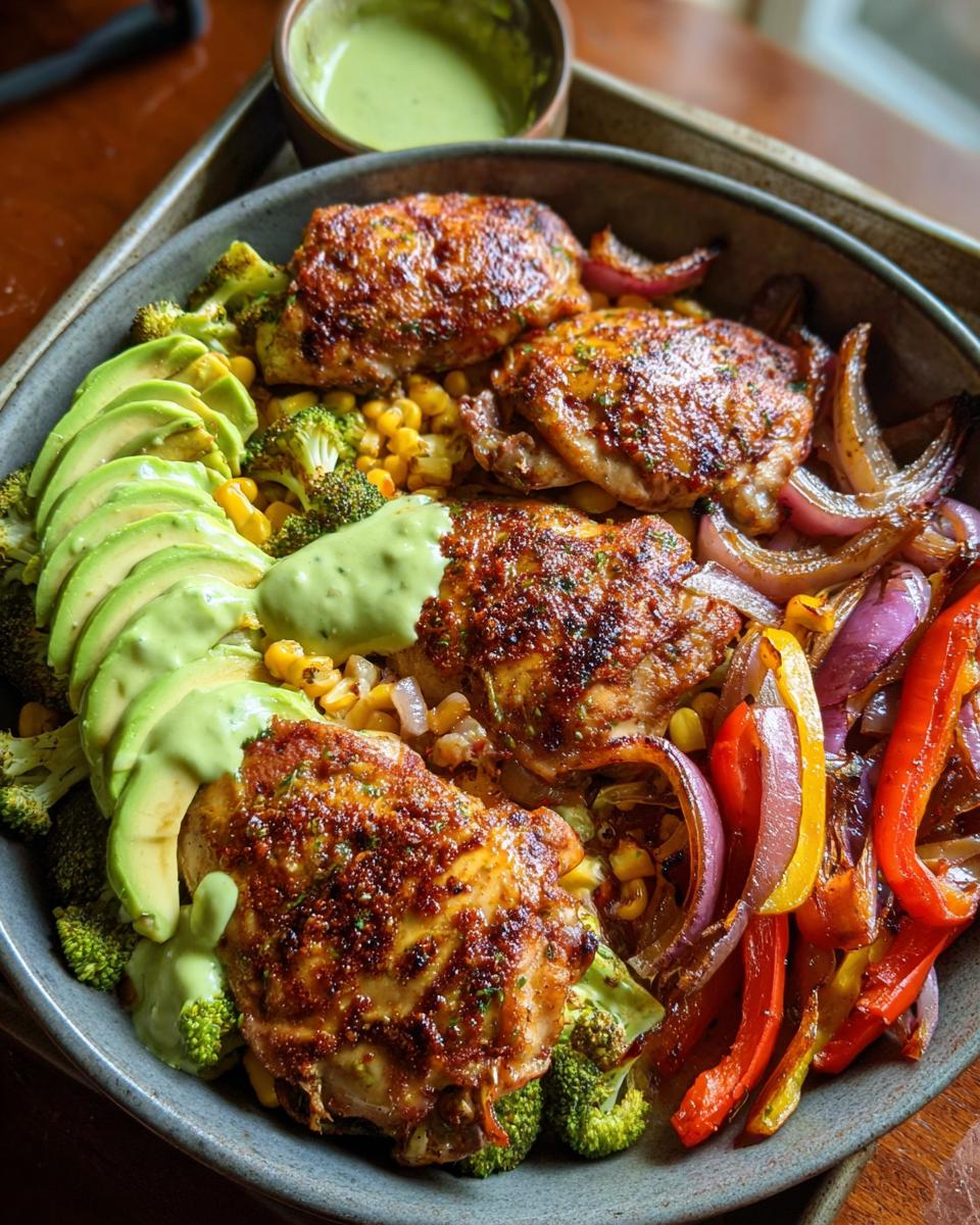 A vibrant bowl featuring juicy chicken thighs, sliced avocado, broccoli, corn, bell peppers, and red onion, drizzled with a green sauce.