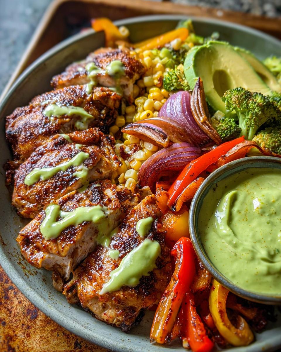 A vibrant bowl featuring grilled chicken, corn, avocado, broccoli, red onion, and bell peppers, drizzled with a creamy green sauce. Part of our Chicken Recipes in 20 Minutes.