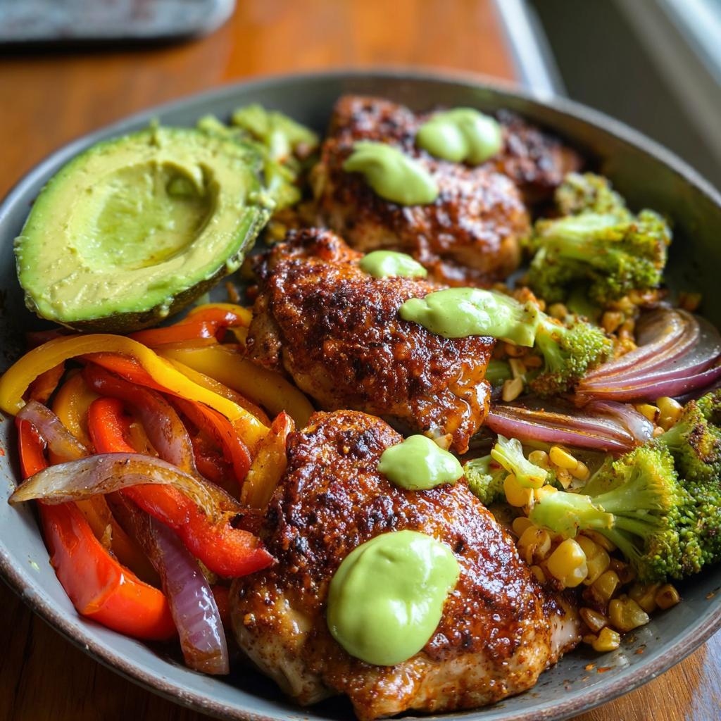 A colorful bowl featuring seasoned chicken thighs, roasted bell peppers, broccoli, corn, red onion, and avocado, drizzled with a green sauce. Part of our Chicken Recipes in 20 Minutes.