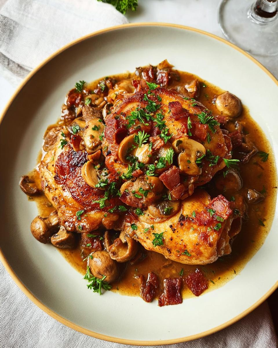 A plate of savory chicken recipes topped with mushrooms, crispy bacon, and fresh parsley.