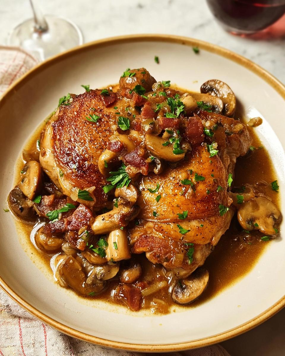 A close-up of tender chicken thighs served with a rich mushroom and bacon sauce, garnished with fresh parsley. A perfect example of why everyone loves these chicken recipes.