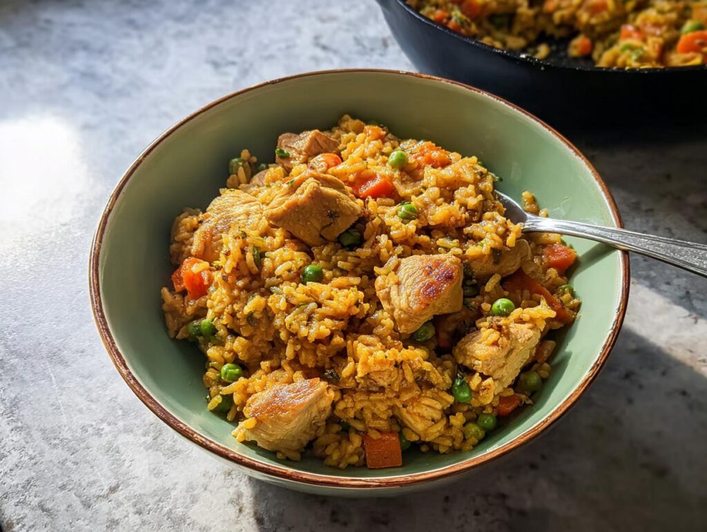 A close-up of a delicious chicken and vegetable rice bowl, part of our 12-minute Rice Bowls Recipes.