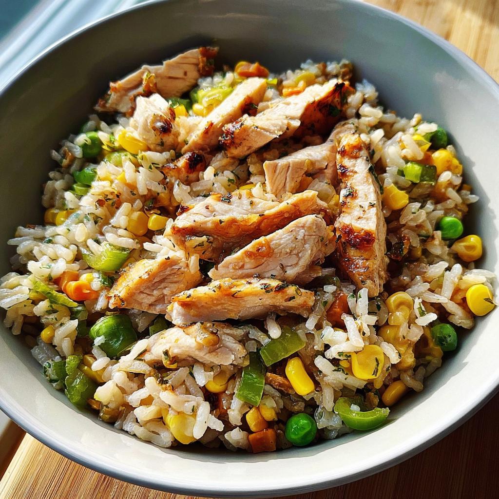 A close-up of a chicken rice bowl recipe, featuring sliced grilled chicken over a bed of rice and mixed vegetables like corn, peas, and carrots.