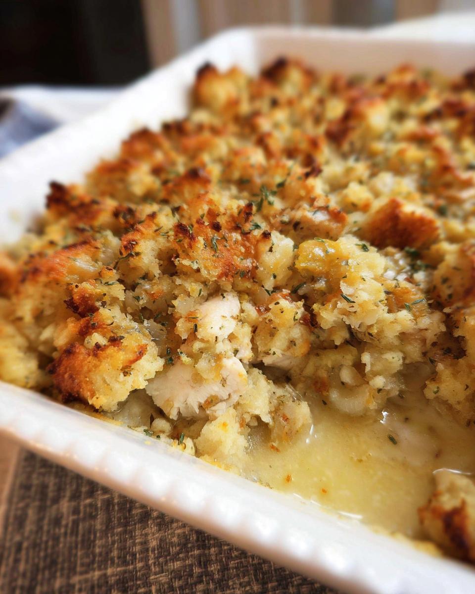 Close-up of a chicken and stuffing casserole in a white baking dish, with golden-brown breadcrumbs and visible chicken pieces.