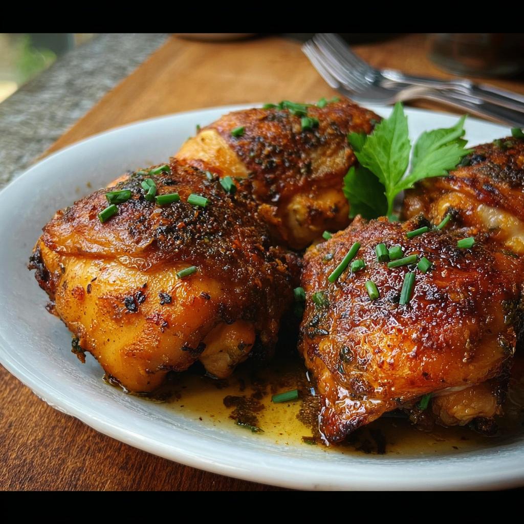 Close-up of four perfectly cooked, golden-brown chicken thighs, seasoned and garnished with chives. A delicious option for chicken thigh recipes.