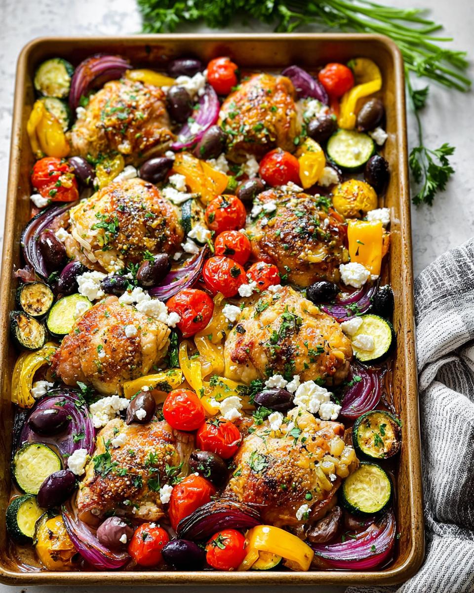 Sheet pan of roasted chicken thighs with cherry tomatoes, olives, zucchini, red onion, and feta cheese.
