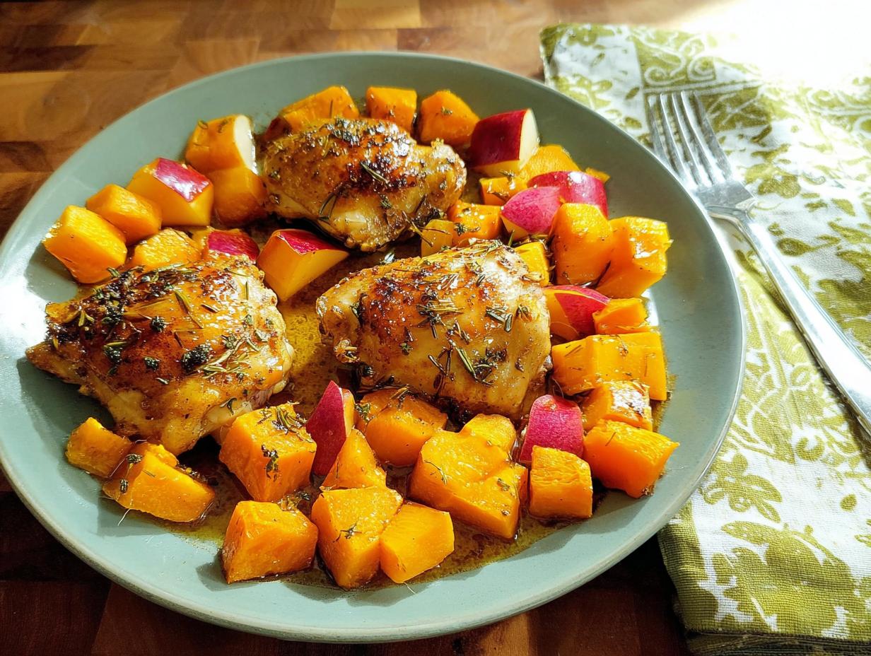 Three golden-brown roasted chicken thighs served with cubes of butternut squash and red onion on a plate.