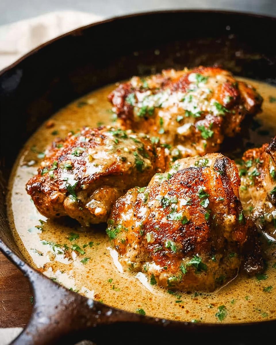 Close-up of tender chicken thighs simmered in a rich, creamy sauce, garnished with fresh parsley.