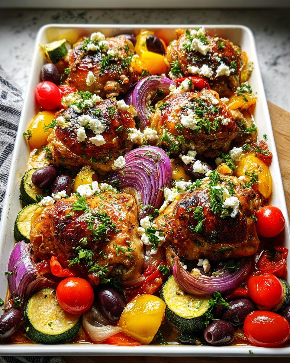 A colorful sheet pan meal prep with baked chicken thighs, zucchini, red onion, bell peppers, tomatoes, and olives, topped with feta cheese and parsley.