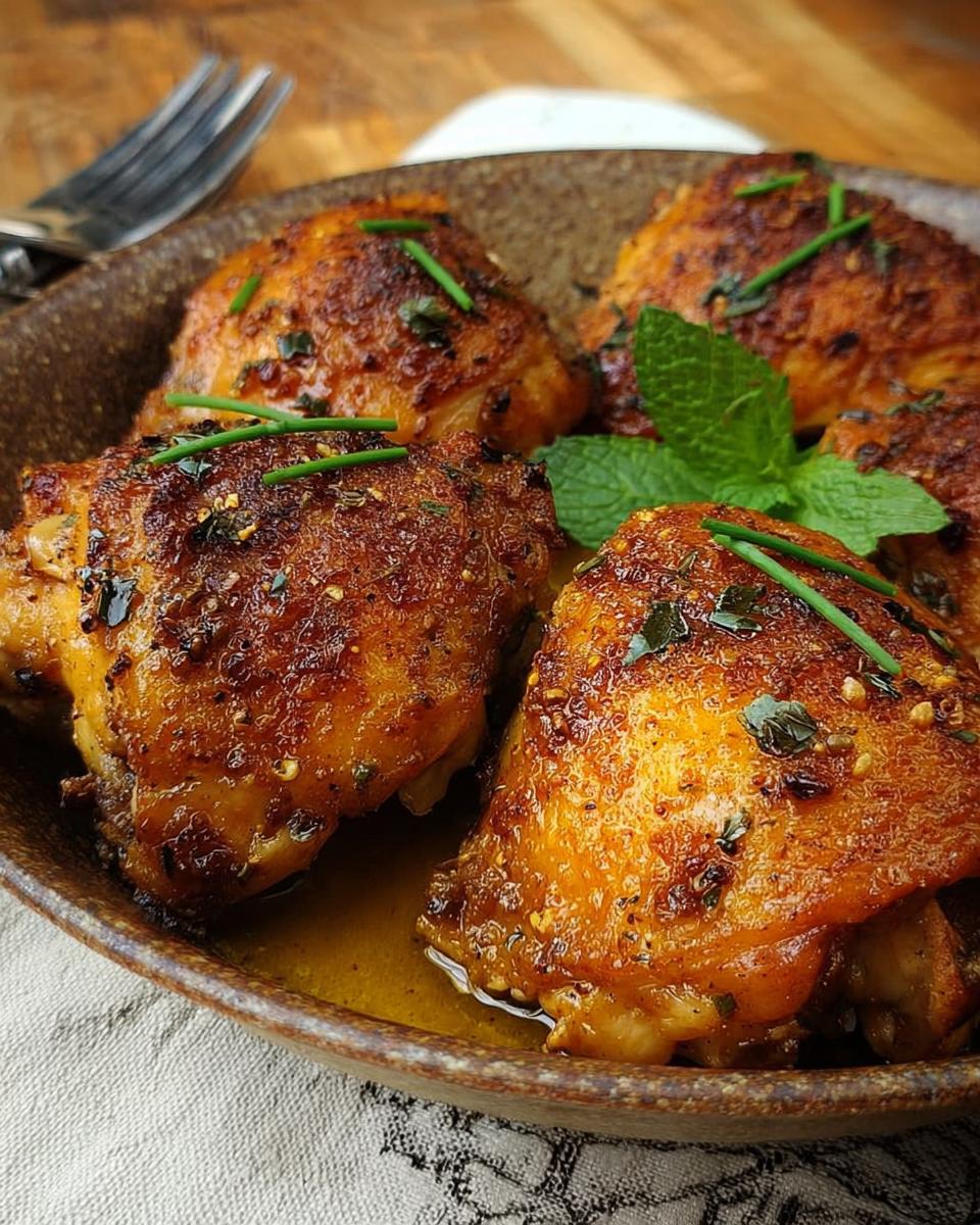 A close-up of several perfectly cooked chicken thighs, glistening with sauce and garnished with fresh herbs.