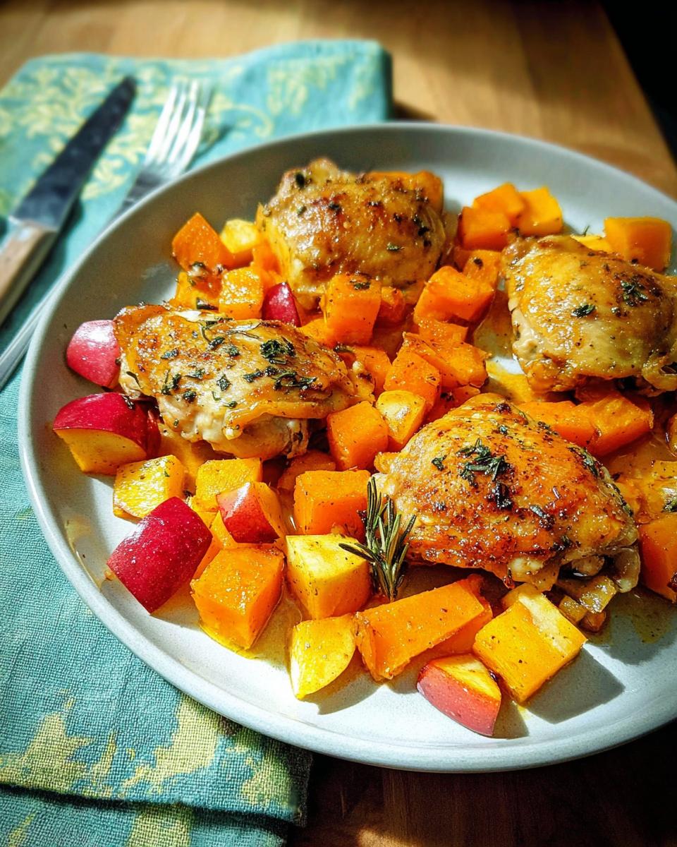 Three golden-brown roasted chicken thighs served with cubes of butternut squash and red apples.