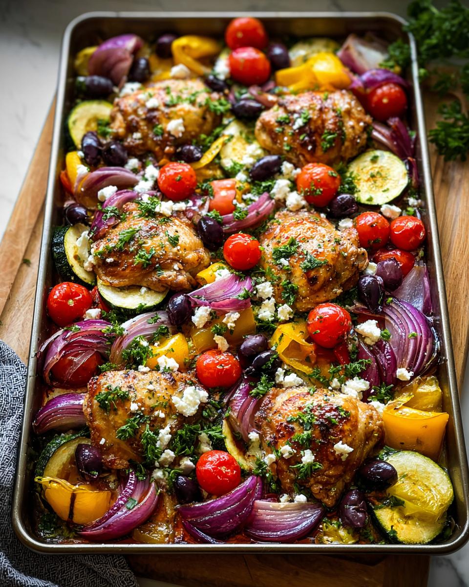 A colorful sheet pan meal with baked chicken thighs, cherry tomatoes, olives, zucchini, bell peppers, and red onion, topped with feta cheese and parsley.