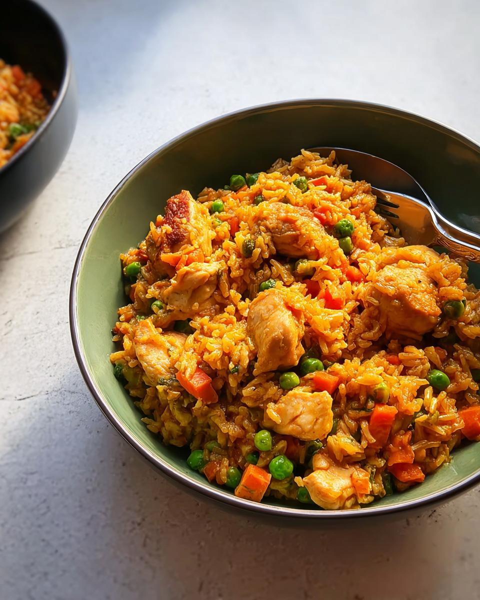 A close-up of a green bowl filled with a quick chicken and vegetable rice bowl recipe, featuring rice, chicken pieces, peas, and carrots.