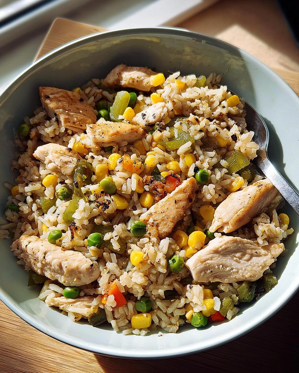 Close-up of a bowl filled with a delicious chicken and vegetable rice bowls recipe, featuring rice, chicken strips, corn, peas, and peppers.
