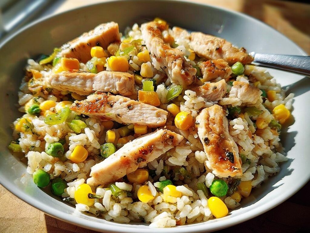 A close-up of a rice bowl filled with fluffy rice, grilled chicken pieces, corn, peas, and diced bell peppers.