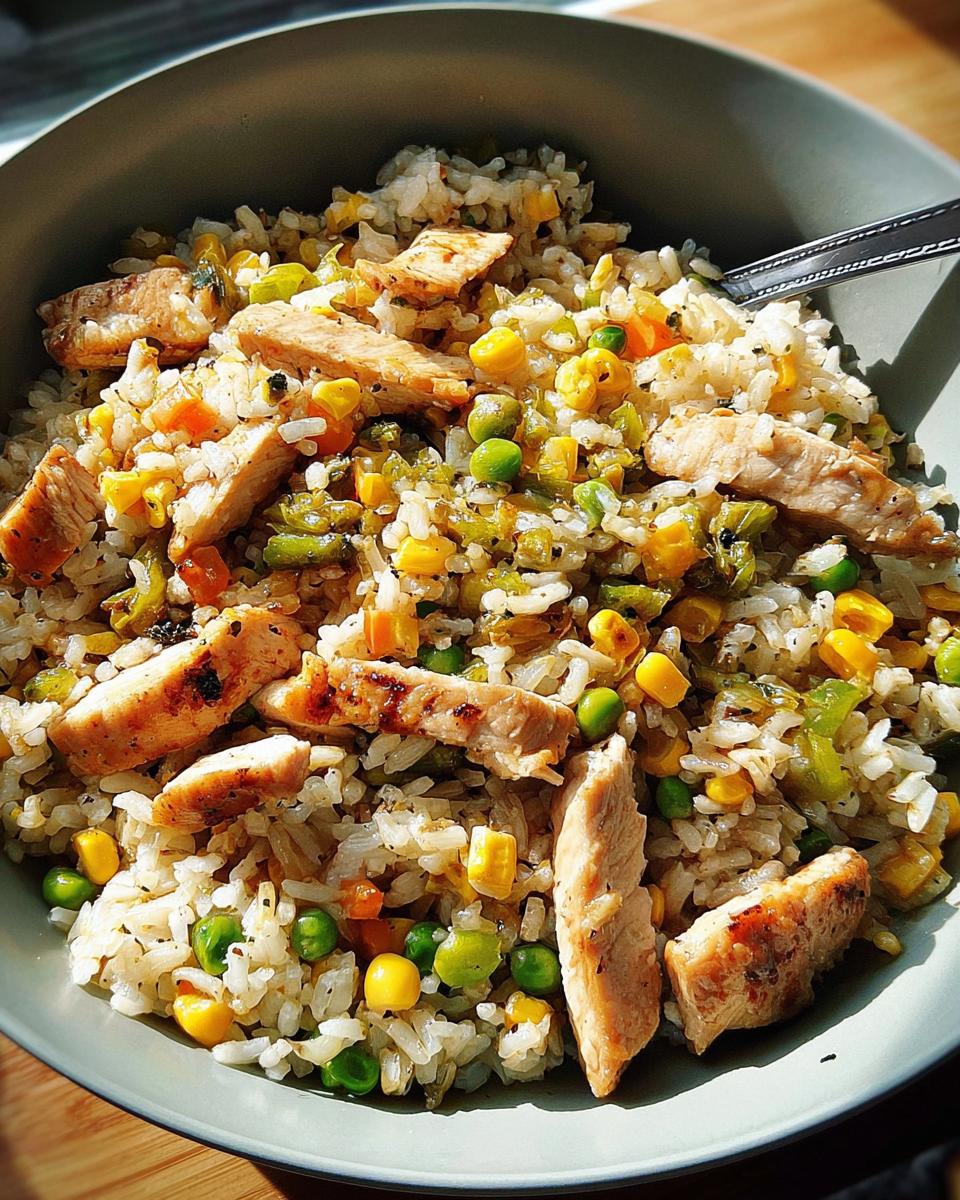 A close-up of a bowl filled with a flavorful rice bowls recipe featuring chicken, peas, corn, and carrots.