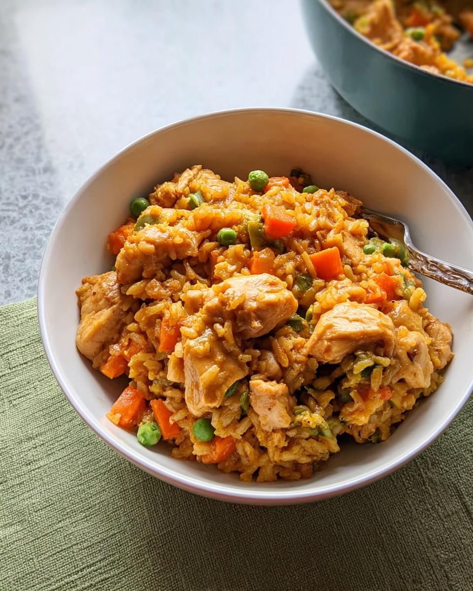 A bowl of delicious chicken and vegetable rice bowls, featuring tender chicken pieces, peas, and carrots mixed with seasoned rice.