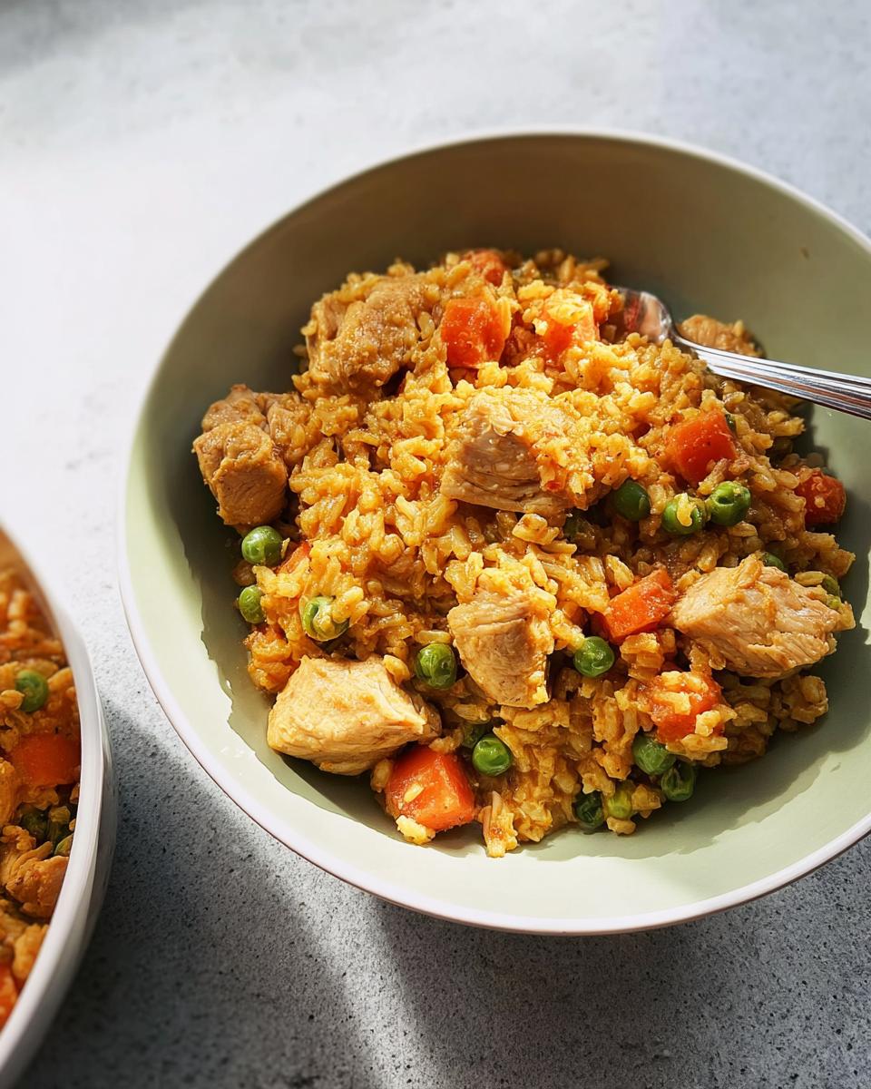 A close-up of a delicious chicken and vegetable rice bowl, featuring rice, chicken pieces, peas, and carrots.