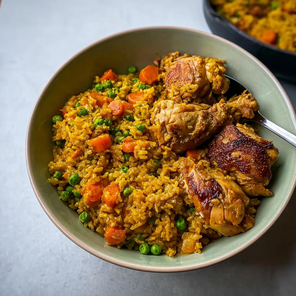 A close-up of a bowl filled with delicious rice bowls recipe, featuring tender chicken pieces, peas, and carrots.