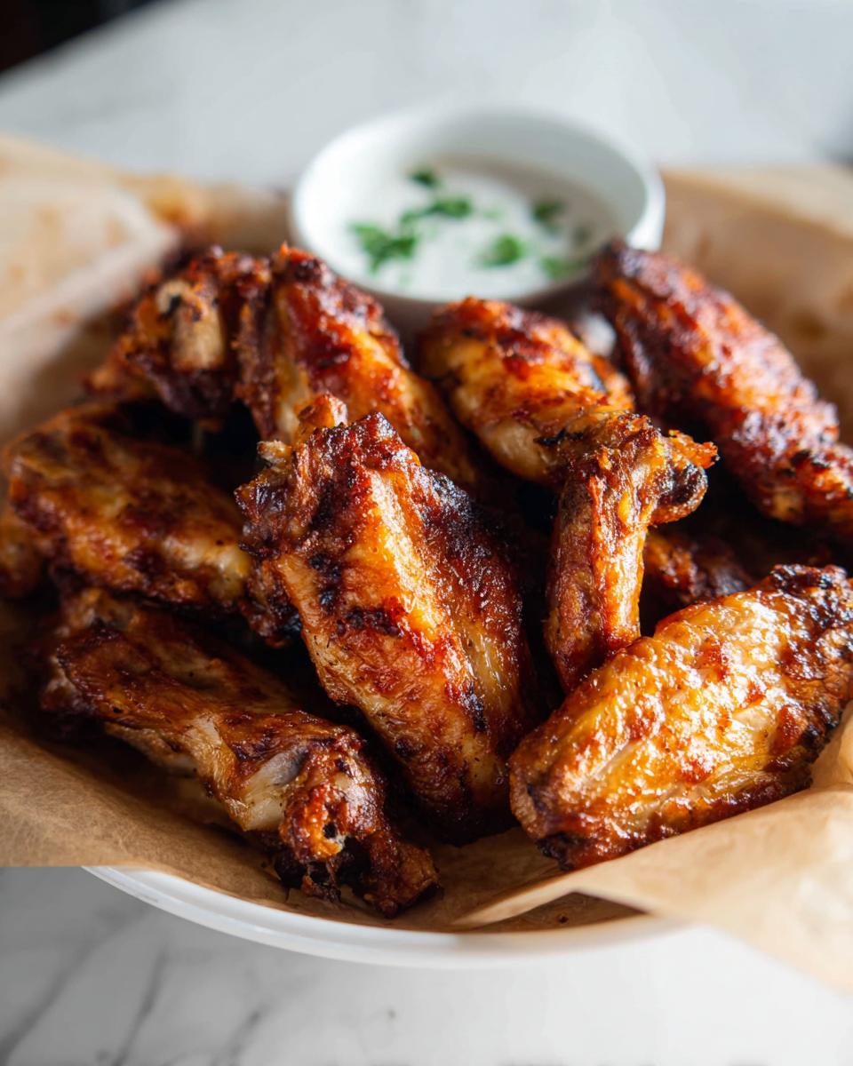 A close-up of perfectly cooked, crispy chicken wings served with a side of dipping sauce.