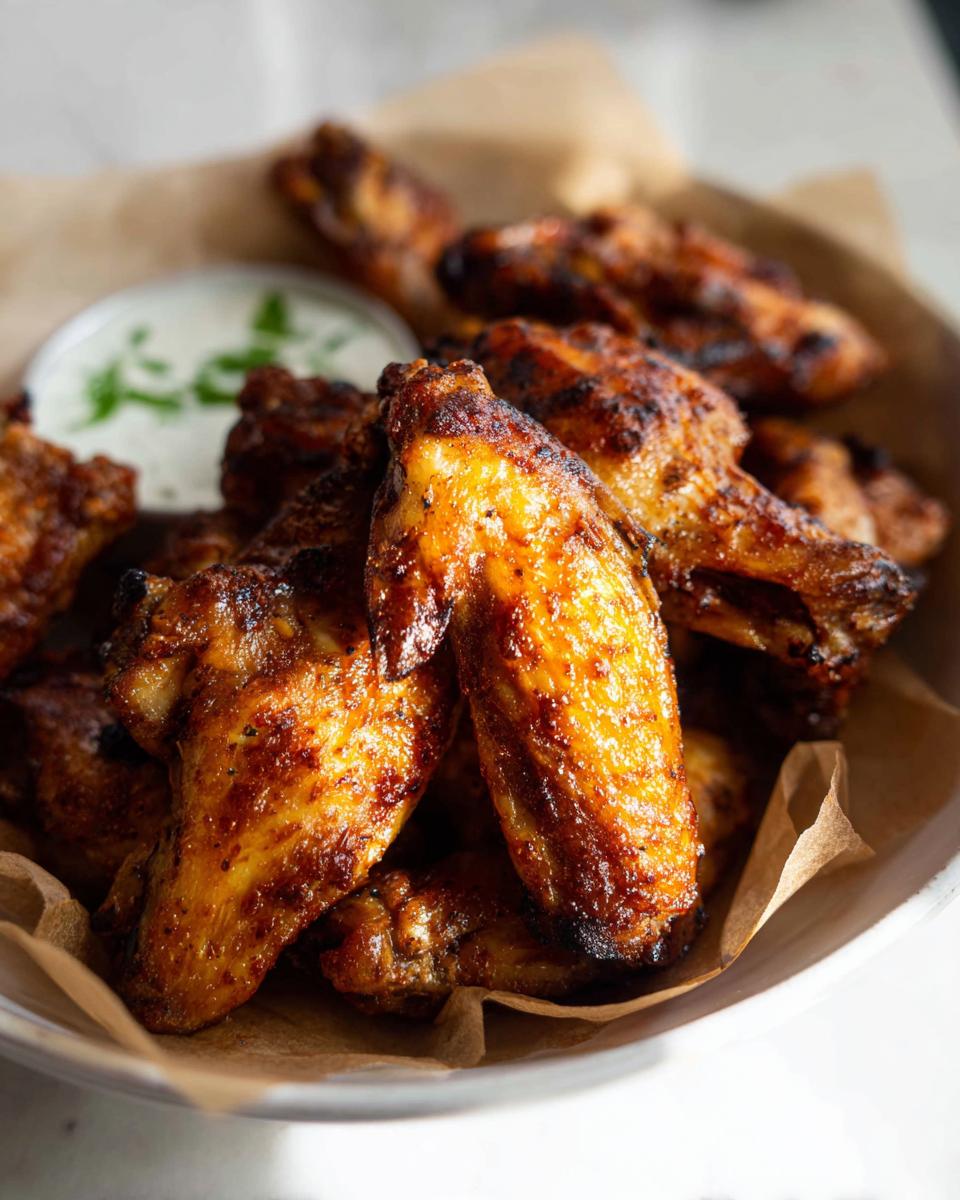 A bowl of crispy, golden-brown chicken wings served with a side of dipping sauce, perfect for quick Chicken Wings Recipes.